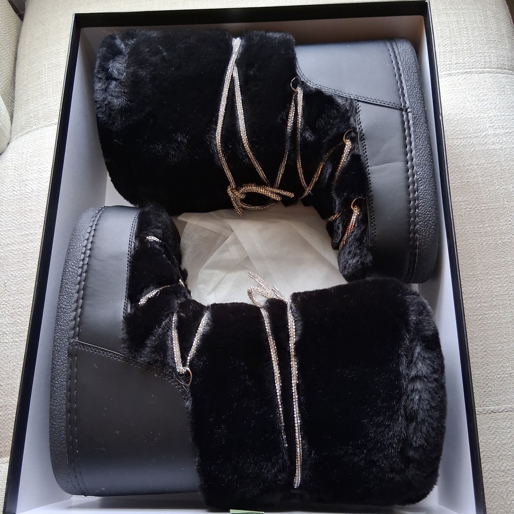 Black Faux Fur Platform Boots with Metallic Laces